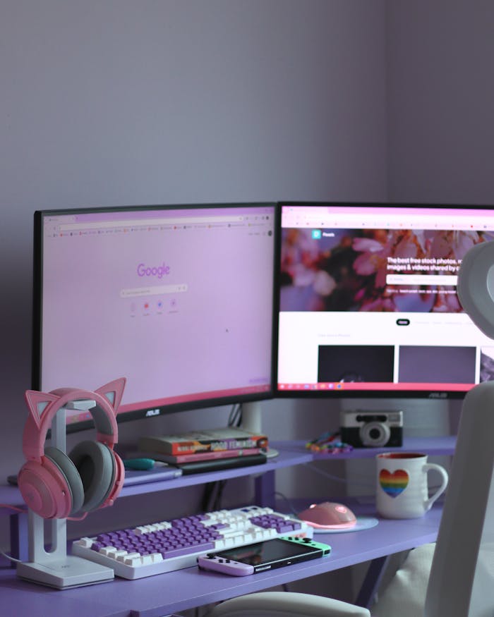 services-02 Stylish home office desk setup with dual monitors, cat ear headphones, and rainbow mug.